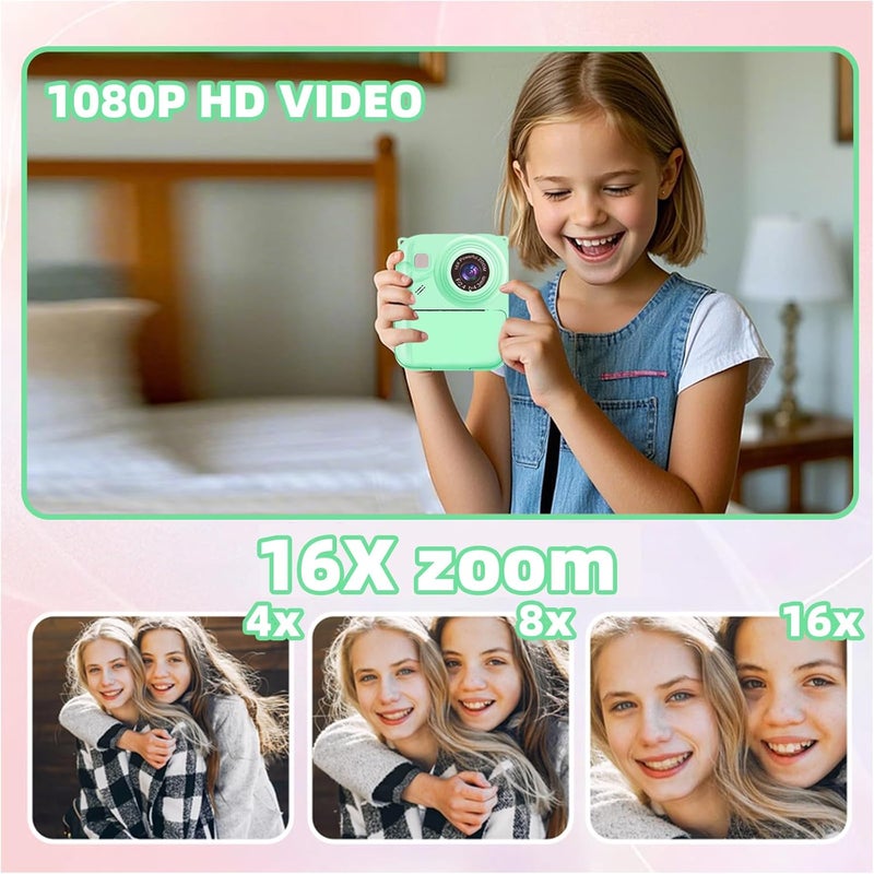 QDH Instant Print Camera for Kids, 1080P Video Camera with 3 Print Rolls, 32GB Card & Cute Cover, Gift for Girls Boys Age 3-12, Toddler Digital Camera with Games, Filters, Music – Green - Image 5